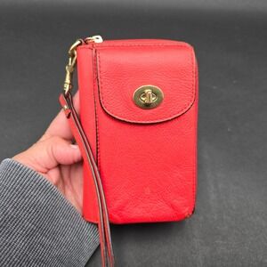 Coach Red Orange Pebbled Leather Turnlock Wristlet Wallet ID Window Gold